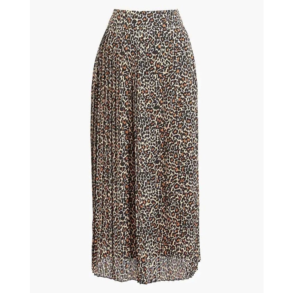 J. Crew Factory Beige & Black Leopard Animal Print Pleated Midi Skirt Sz 0 NWT